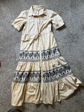 Cream Embroidered Button-Front Midi Dress with Tie Waist